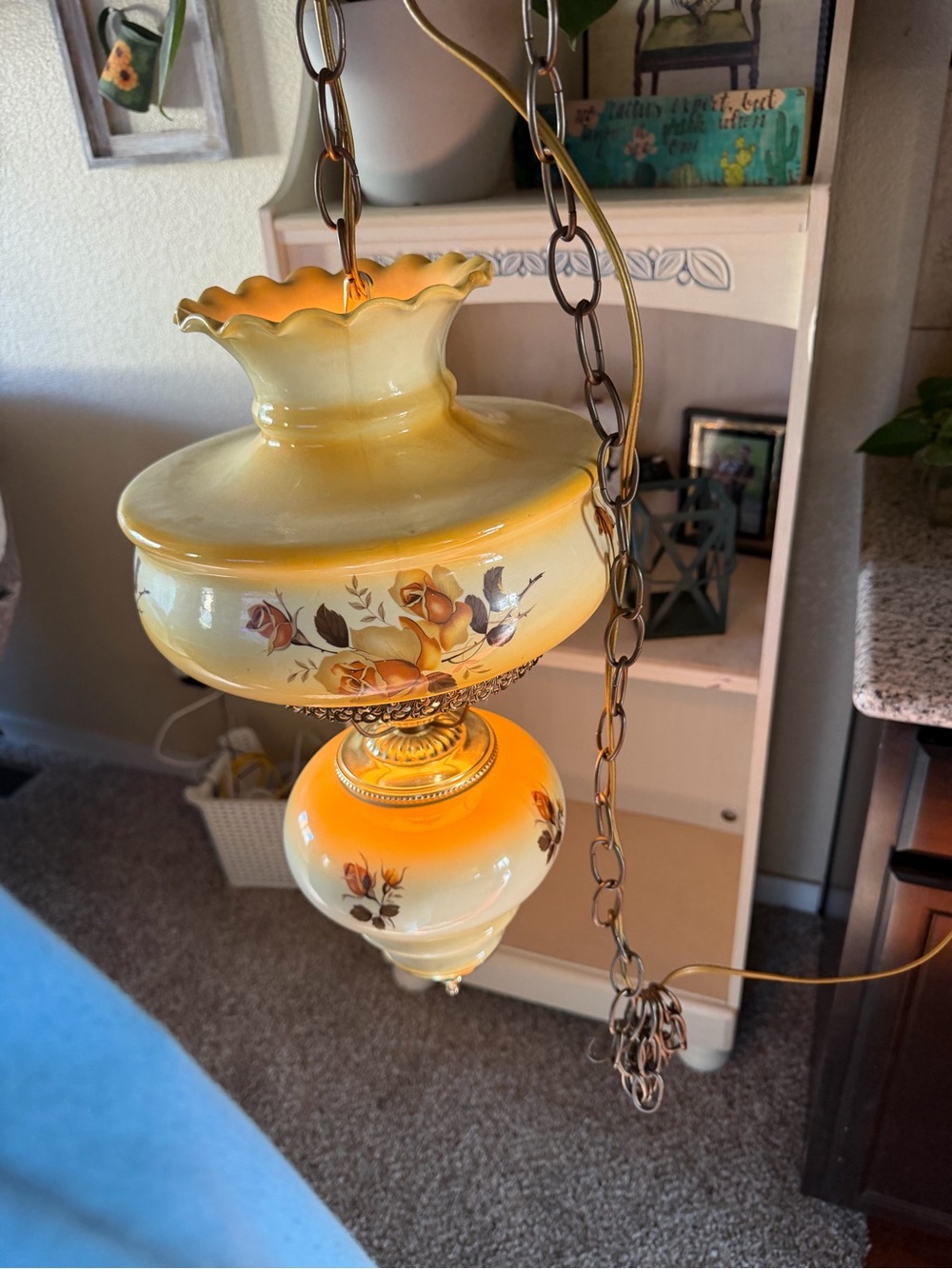 Vintage Floral Glass Hanging Lamp - Yellow Orange - Picture 3 of 6